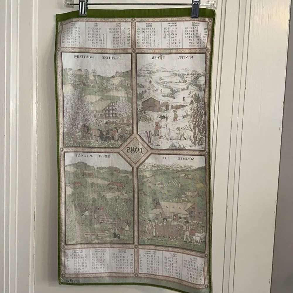 Vintage 1985 Alba cotton calendar‎ tea towel/European scenes of the four seasons